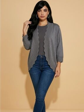 Open-Front Scallop-Trim Cardigan in Charcoal
